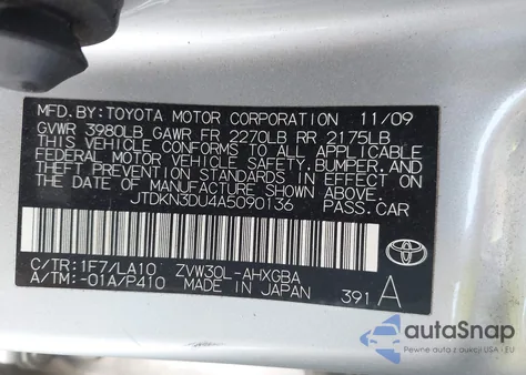 2010 Toyota Prius Iv z USA, uszkodzony, nr VIN JTDKN3DU4A5090136